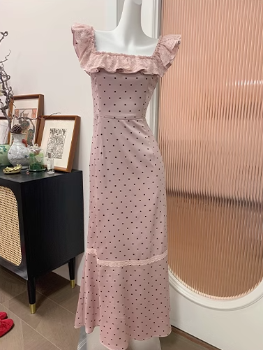 French Satin Square Neck Ruffle Sleeveless Dress ED0308