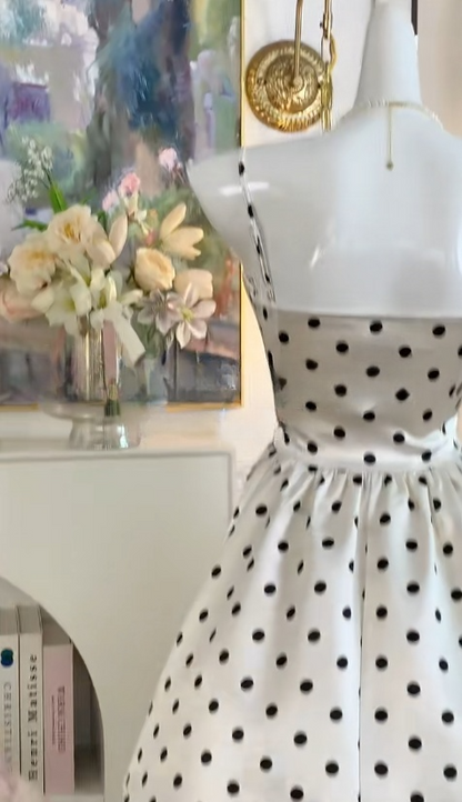 Fashion Spaghetti Straps Polka Dot A-Line Satin Short Outdoor Party Dress Homecoming Dress ED03090