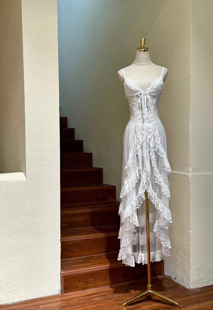 Classic White Spaghetti Straps A-Line Tulle Lace Birthday Evening Dress Vintage Wedding Dress ED03091