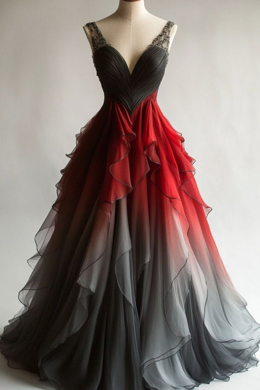 Gorgeous Gradient V-Neck A-Line Tulle Long Prom Dresses Unique Evening Dresses ED03092