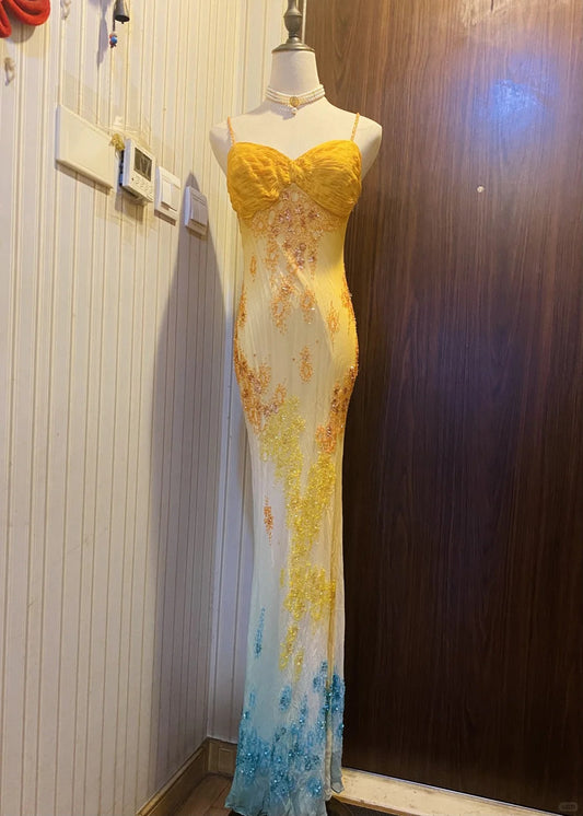 Stunning Yellow Spaghetti Straps Sheath Chiffon Long Prom Dresses Vintage Beaded Evening Dress ED03093