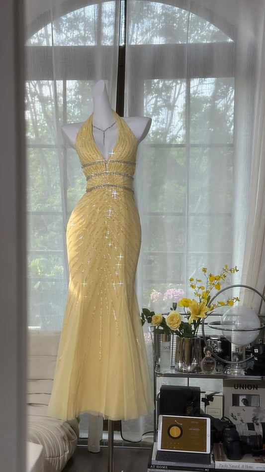 Fashion Butter Yellow V-neck Mermaid Tulle Beaded Long Prom Dresses Vintage Evening Dress with Open Back ED03094
