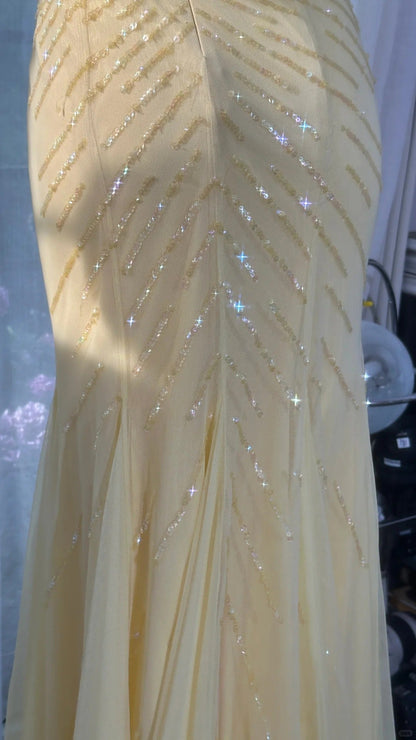 Fashion Butter Yellow V-neck Mermaid Tulle Beaded Long Prom Dresses Vintage Evening Dress with Open Back ED03094