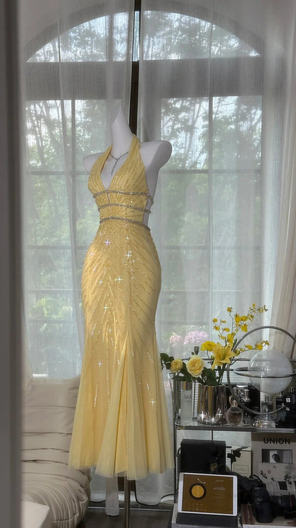 Fashion Butter Yellow V-neck Mermaid Tulle Beaded Long Prom Dresses Vintage Evening Dress with Open Back ED03094