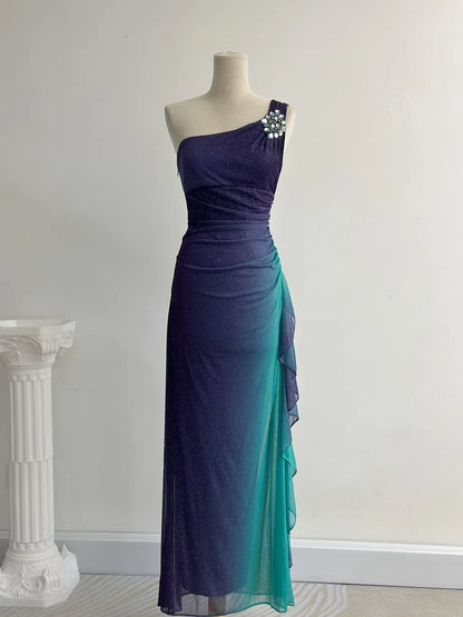 Glitter Navy Blue One Shoulder Sheath Chiffon Prom Dress Formal Elegant Evening Gowns ED03095