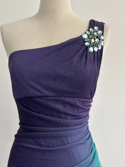 Glitter Navy Blue One Shoulder Sheath Chiffon Prom Dress Formal Elegant Evening Gowns ED03095