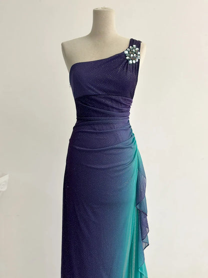 Glitter Navy Blue One Shoulder Sheath Chiffon Prom Dress Formal Elegant Evening Gowns ED03095