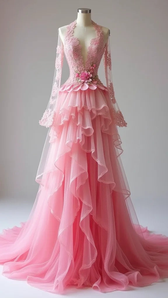 Unique Pink V-Neck A-Line Long Sleeve Layered Tulle Long Wedding Dress ED03096