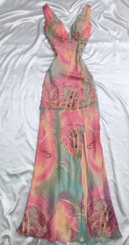 Vintage Pink V Neck Mermaid Evening Gowns Sleeveless Chiffon Beaded Long Prom Dresses ED03098