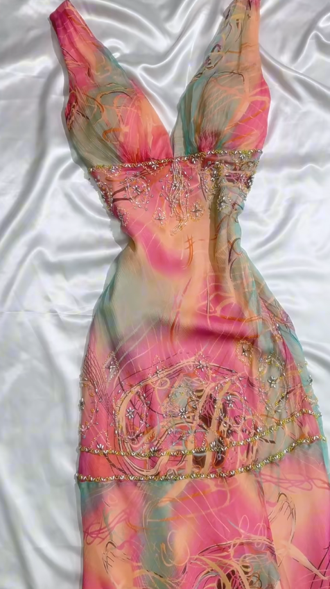 Vintage Pink V Neck Mermaid Evening Gowns Sleeveless Chiffon Beaded Long Prom Dresses ED03098