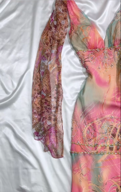 Vintage Pink V Neck Mermaid Evening Gowns Sleeveless Chiffon Beaded Long Prom Dresses ED03098