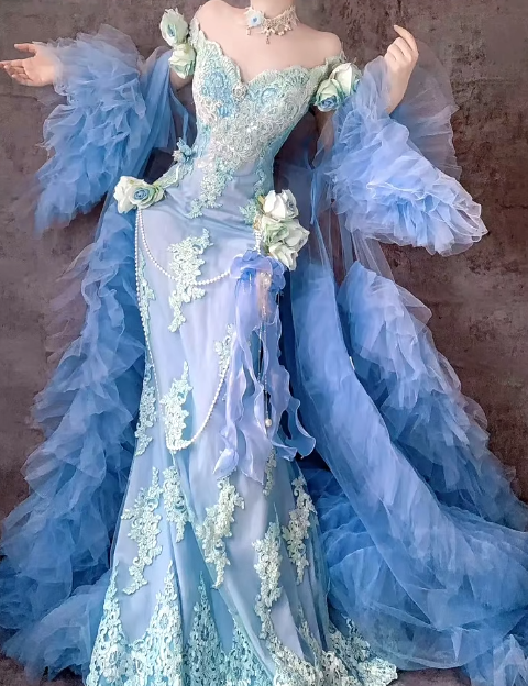 Fairytale Blue Off Shoulder Mermaid Long Prom Dresses Elegant Tulle Evening Gowns with Appliques ED03099