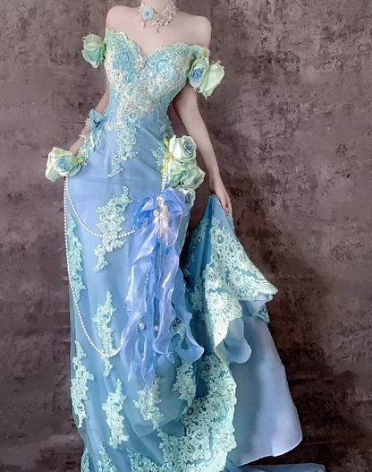 Fairytale Blue Off Shoulder Mermaid Long Prom Dresses Elegant Tulle Evening Gowns with Appliques ED03099