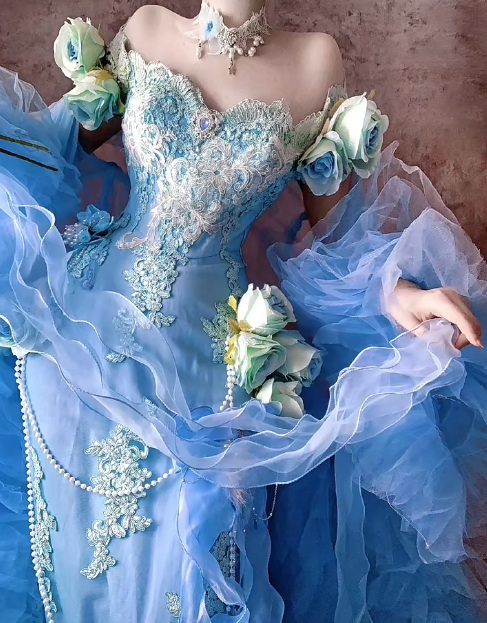 Fairytale Blue Off Shoulder Mermaid Long Prom Dresses Elegant Tulle Evening Gowns with Appliques ED03099