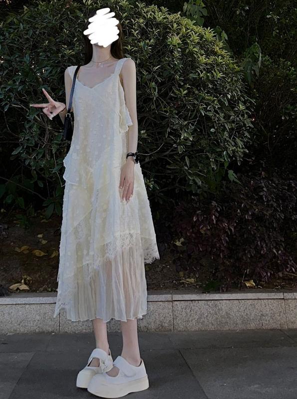 V-neck lace stitching white sleeveless suspender dress ED0309