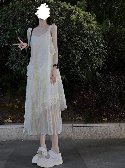 V-neck lace stitching white sleeveless suspender dress ED0309