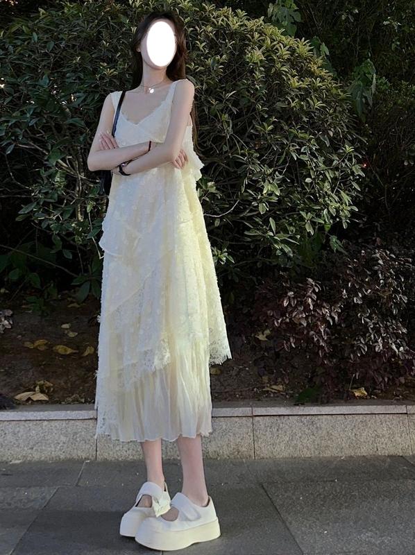 V-neck lace stitching white sleeveless suspender dress ED0309