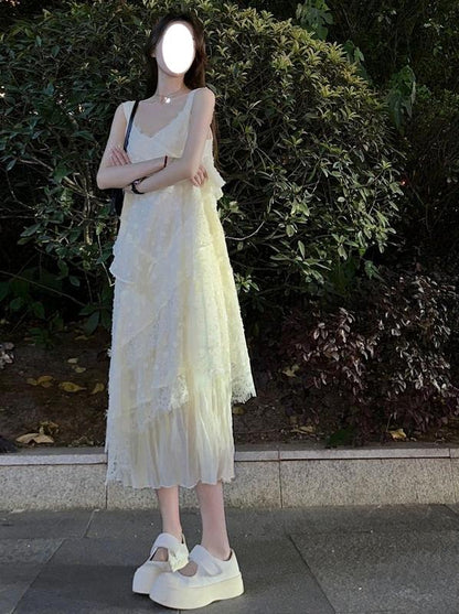 V-neck lace stitching white sleeveless suspender dress ED0309