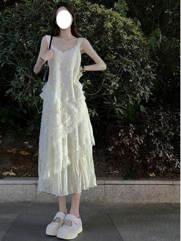 V-neck lace stitching white sleeveless suspender dress ED0309