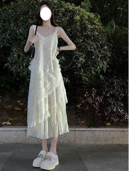 V-neck lace stitching white sleeveless suspender dress ED0309