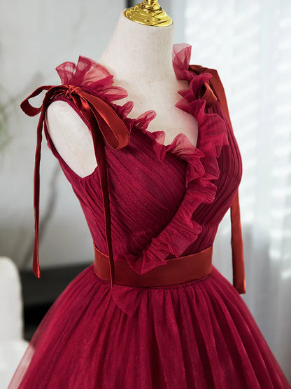 A-Line V Neck Tulle Burgundy Long Prom Dress, Burgundy Long Evening Dresses ED031