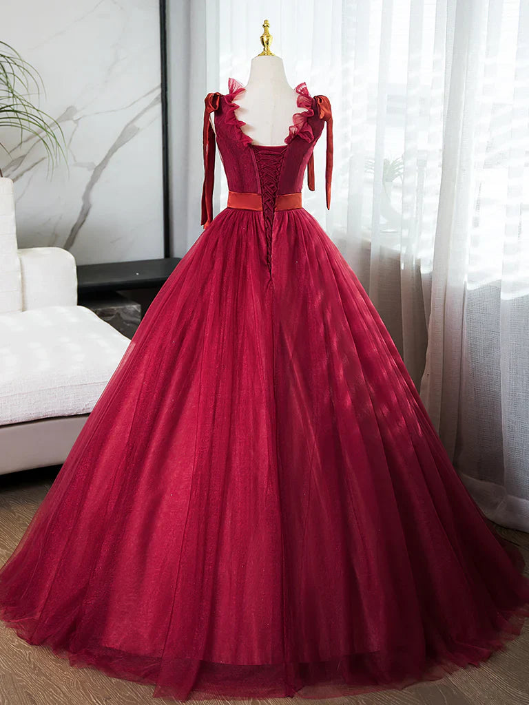 A-Line V Neck Tulle Burgundy Long Prom Dress, Burgundy Long Evening Dresses ED031