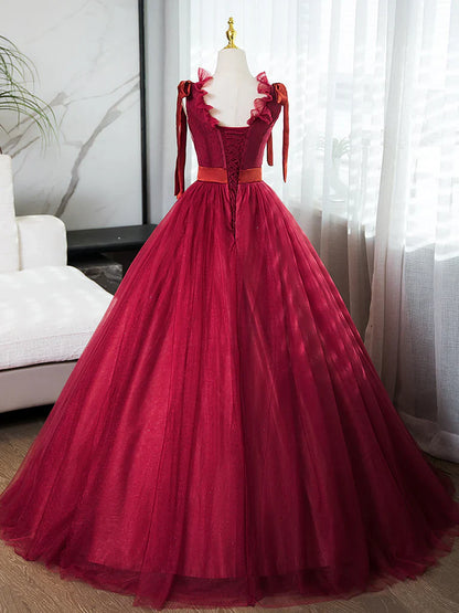 A-Line V Neck Tulle Burgundy Long Prom Dress, Burgundy Long Evening Dresses ED031