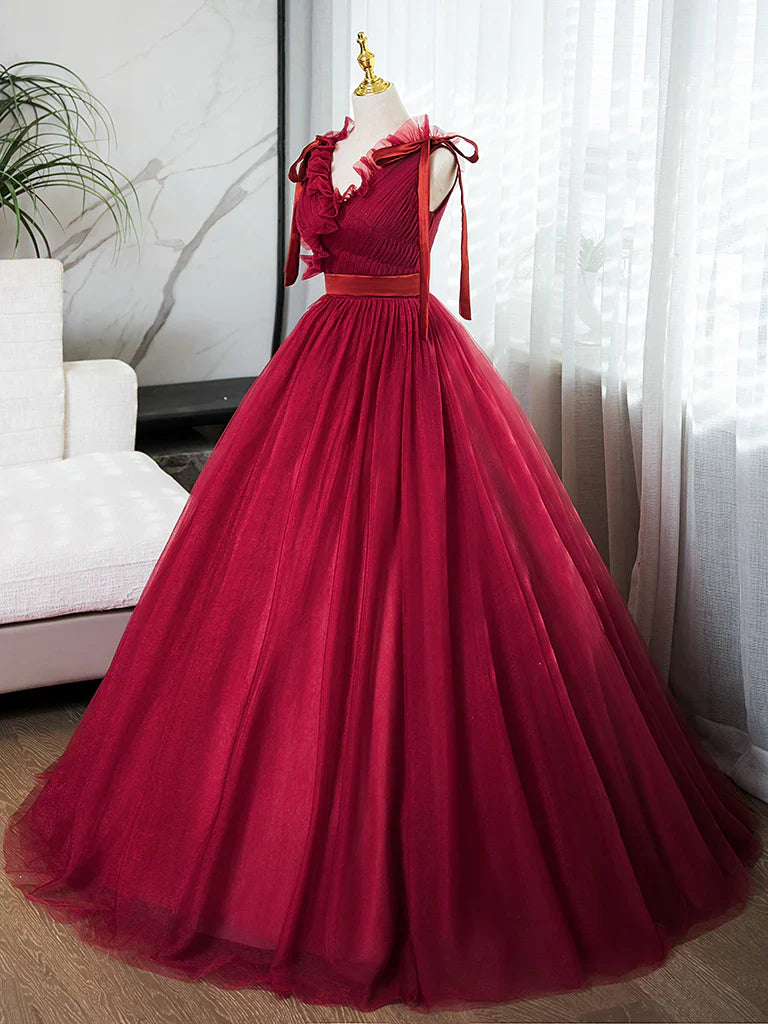 A-Line V Neck Tulle Burgundy Long Prom Dress, Burgundy Long Evening Dresses ED031