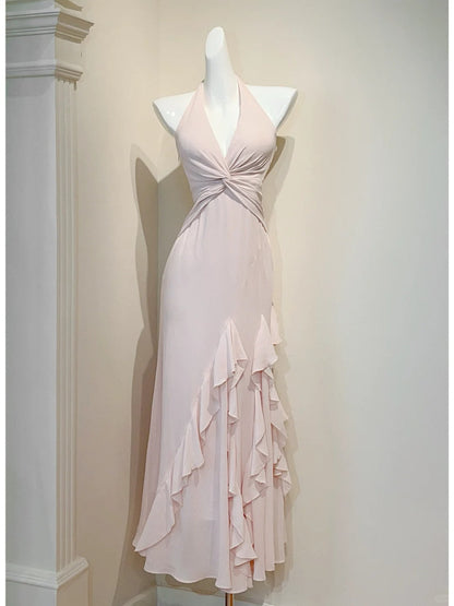 Sweet Pink V-neck Sheath Chiffon Prom Dresses Elegant Birthday Evening Gowns with Ruffles ED03100