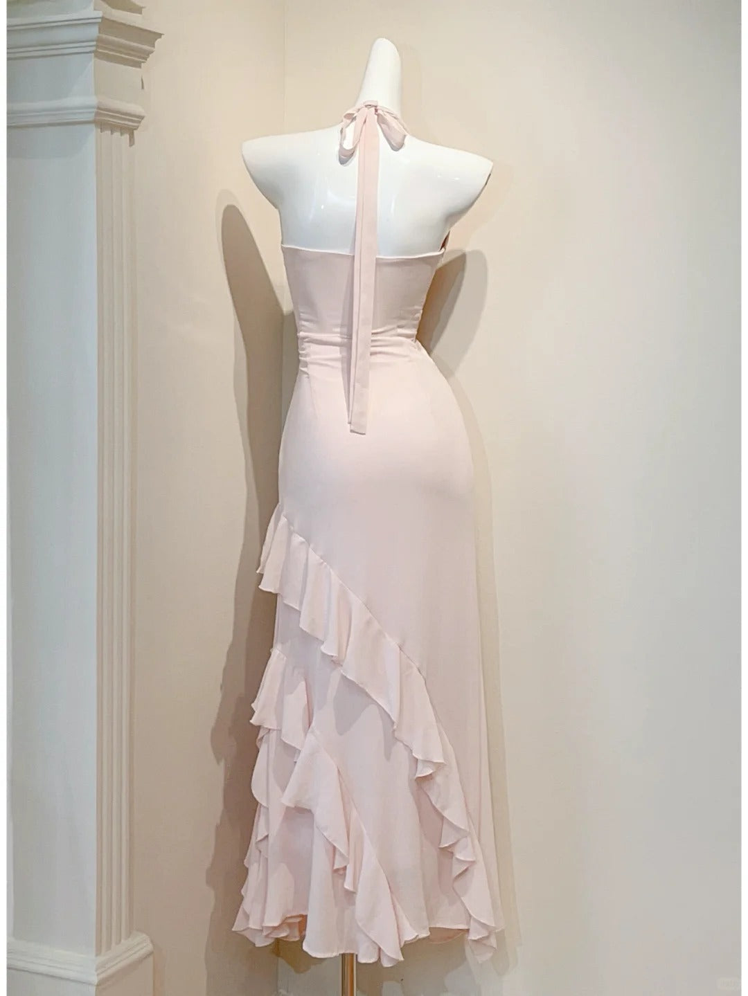 Sweet Pink V-neck Sheath Chiffon Prom Dresses Elegant Birthday Evening Gowns with Ruffles ED03100