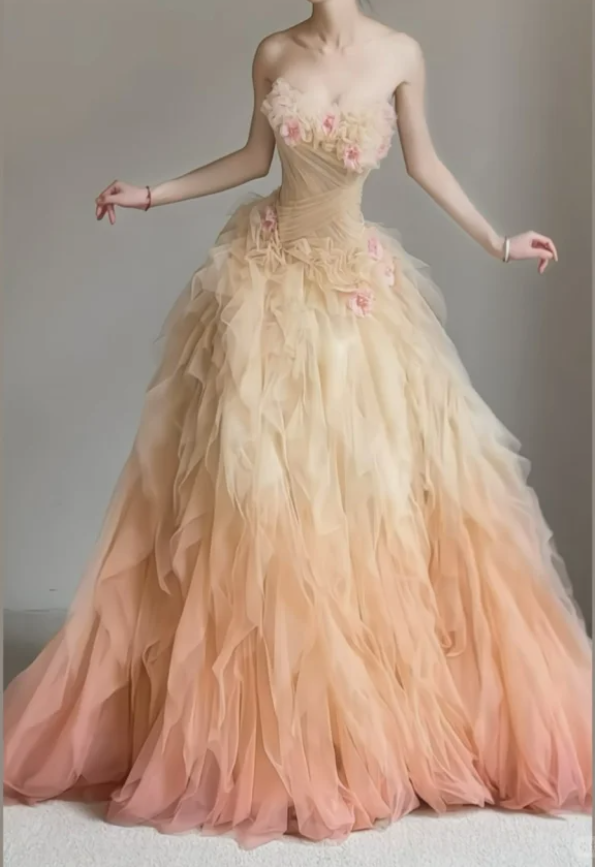 Stunning Gradient Orange Strapless A-Line Tulle Long Prom Dresses Evening Gowns for Quinceañera ED03101