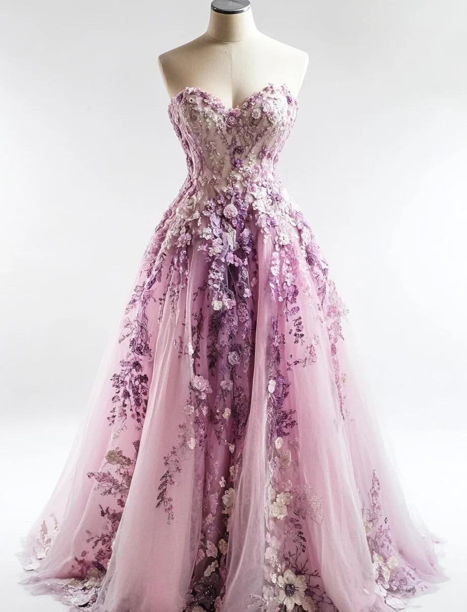 Fairytale Pink Sweetheart Neck A-Line Tulle Applique Long Prom Dresses Gorgeous Wedding Dress ED03104