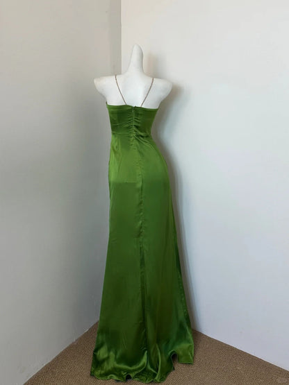 Elegant Green Spaghetti Straps A-Line Satin Long Prom Dresses Formal Evening Dresses ED03106