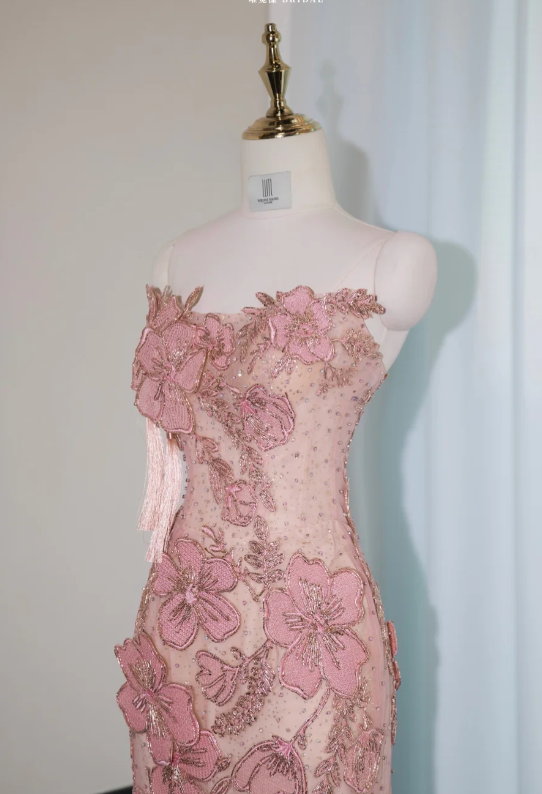 Sweet Pink Strapless Mermaid Evening Gowns with Embroidered Appliques Stunning Prom Dresses with Beading ED03108