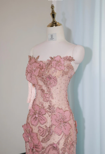 Sweet Pink Strapless Mermaid Evening Gowns with Embroidered Appliques Stunning Prom Dresses with Beading ED03108