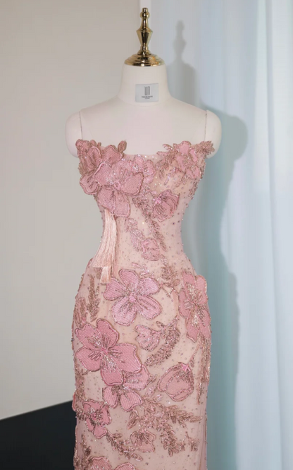 Sweet Pink Strapless Mermaid Evening Gowns with Embroidered Appliques Stunning Prom Dresses with Beading ED03108