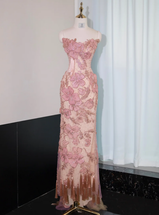 Sweet Pink Strapless Mermaid Evening Gowns with Embroidered Appliques Stunning Prom Dresses with Beading ED03108