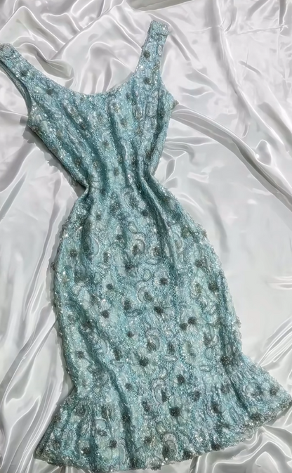 Stunning Blue Jewel Sheath Lace Beaded Short Retro Evening Gowns ED03109