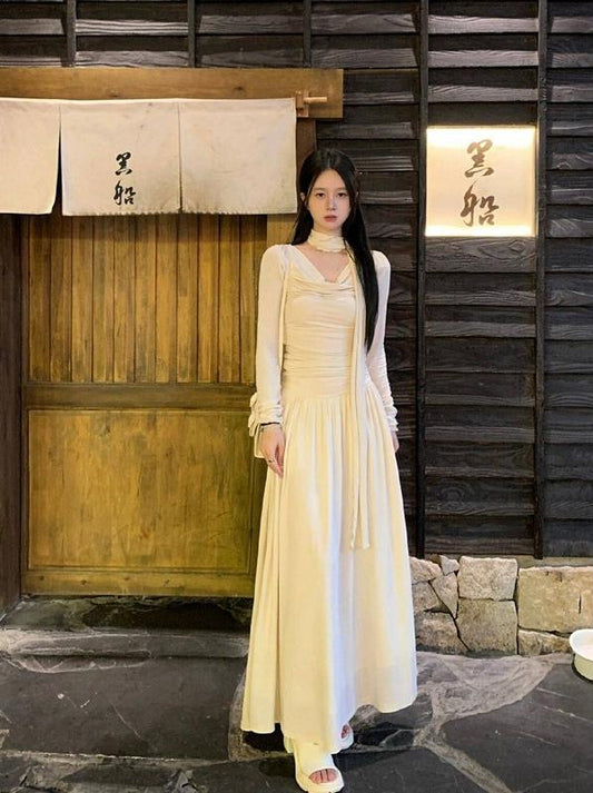 A-line Swing Neck Long Sleeve Scarf Knitted Dress ED0310