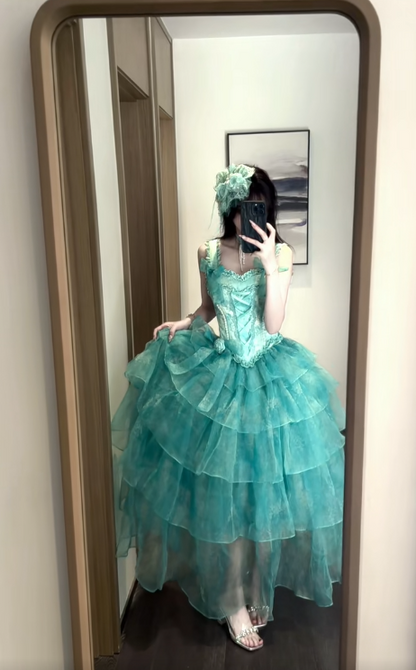 Fairytale Turquoise Square Neck A-Line Layered Tulle Long Prom Dress for Graduation Prom & Quinceañera ED03110