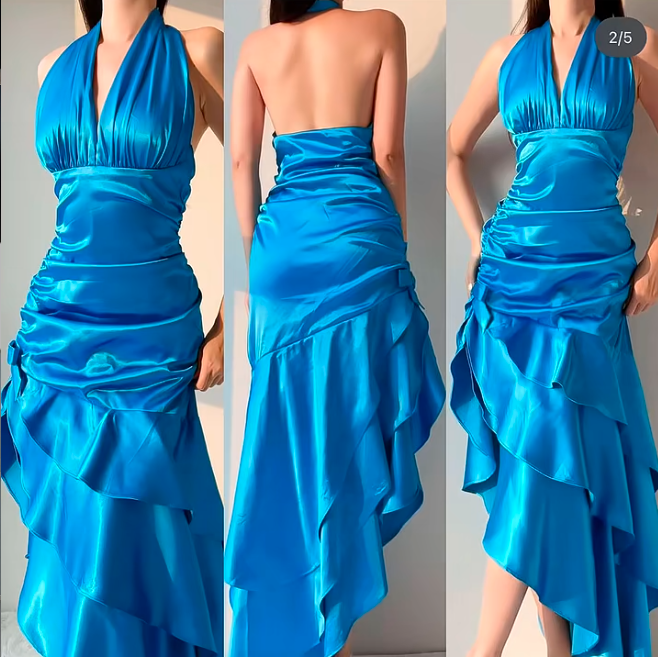 Elegant Blue Halter Neck Sheath Layered Satin Prom Dresses Vintage Evening Gowns ED03113
