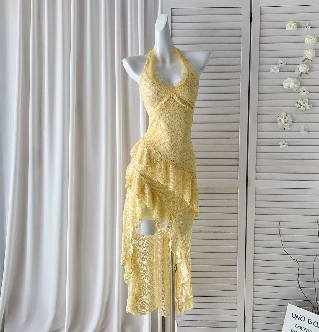 Fashion Butter Yellow Halter Neck A-Line Lace Short Party Dress Simple Evening Dress ED03115