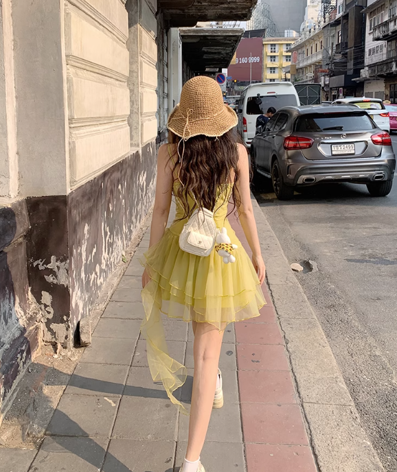 Sweet Yellow Strap Tulle Short Summer Dress ED03117