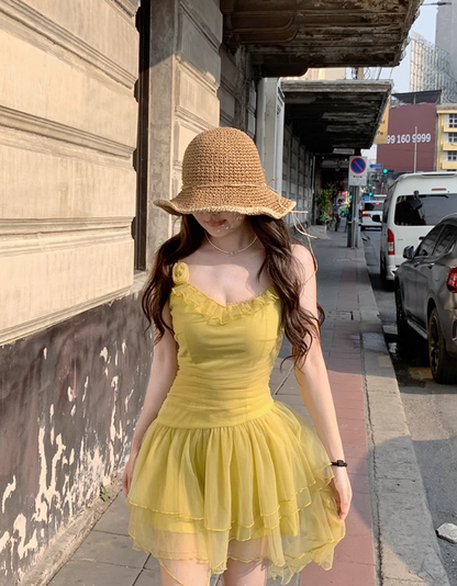 Sweet Yellow Strap Tulle Short Summer Dress ED03117