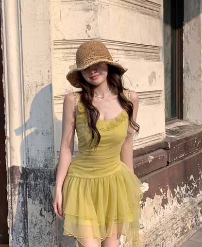 Sweet Yellow Strap Tulle Short Summer Dress ED03117