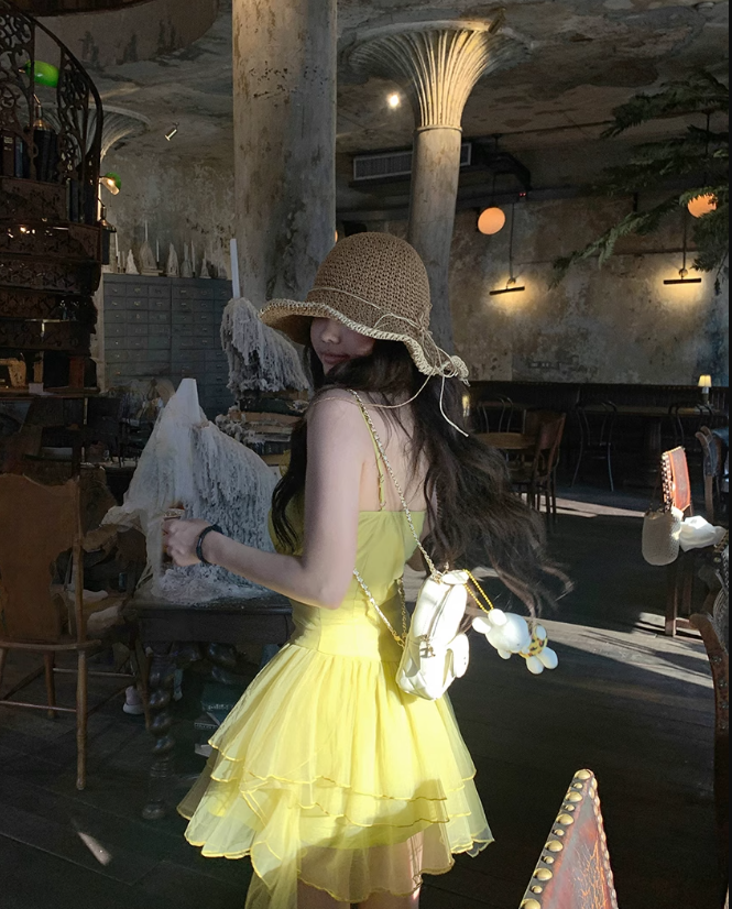 Sweet Yellow Strap Tulle Short Summer Dress ED03117