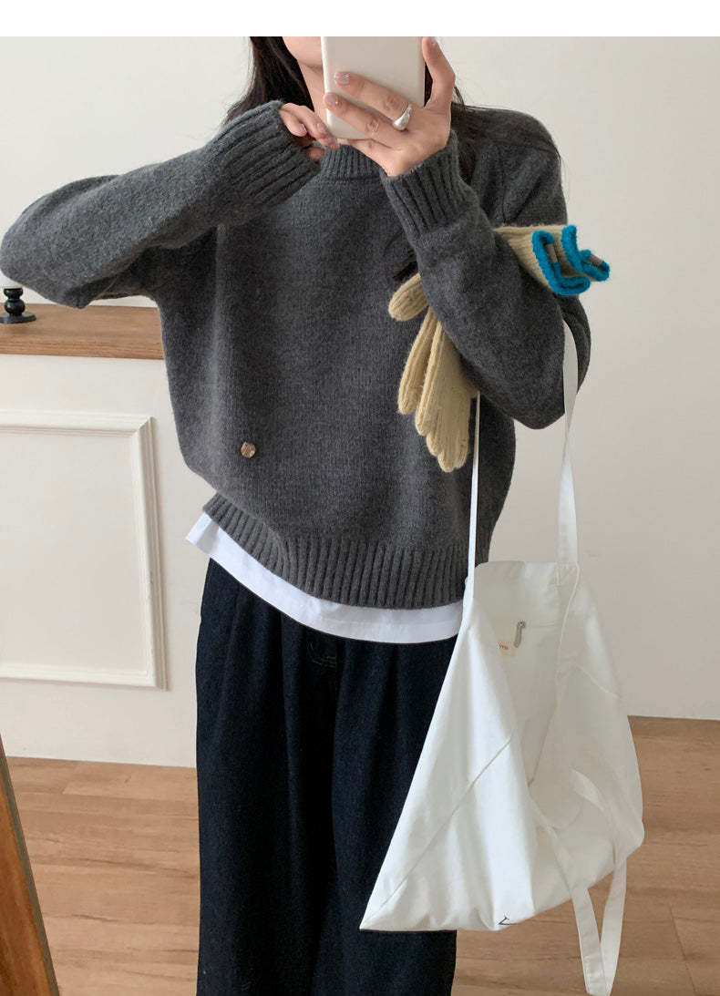 Korean style gentle solid color round neck long sleeve sweater ED0311