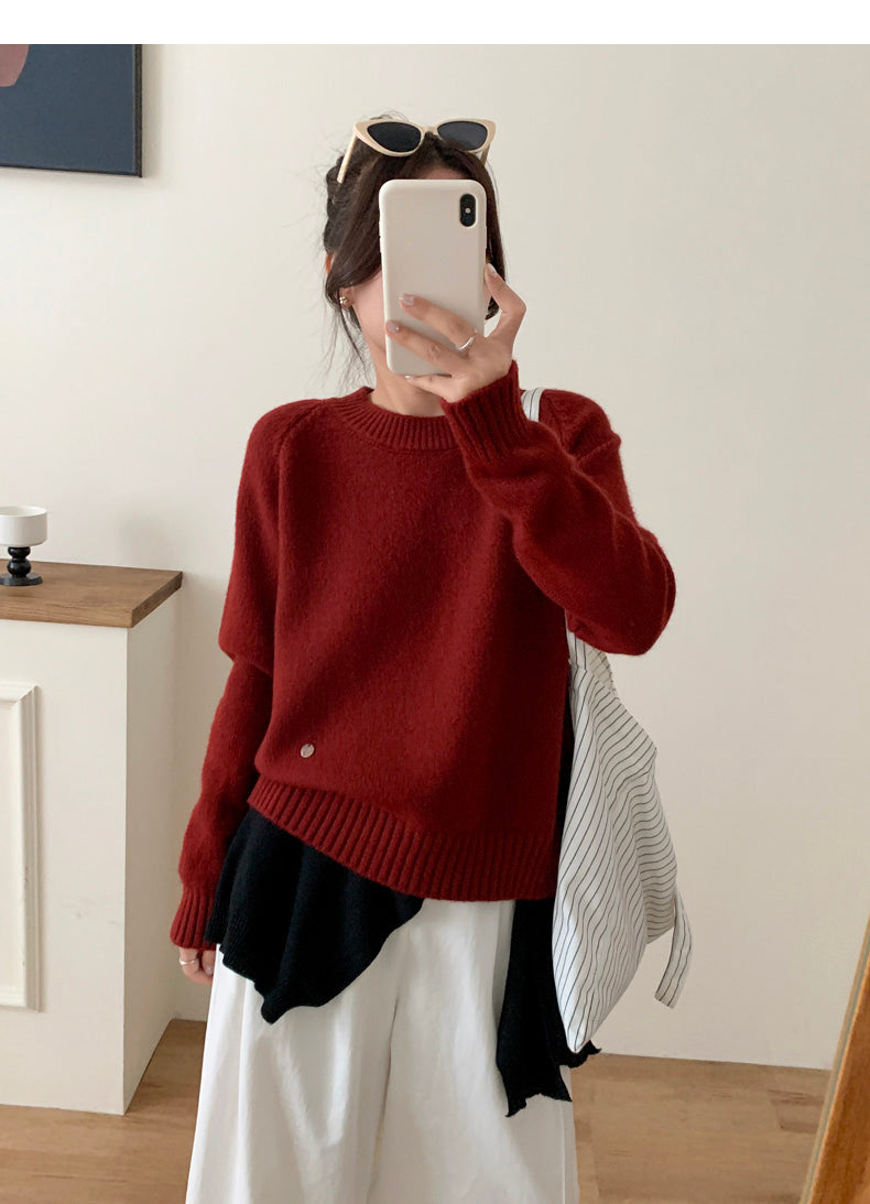 Korean style gentle solid color round neck long sleeve sweater ED0311