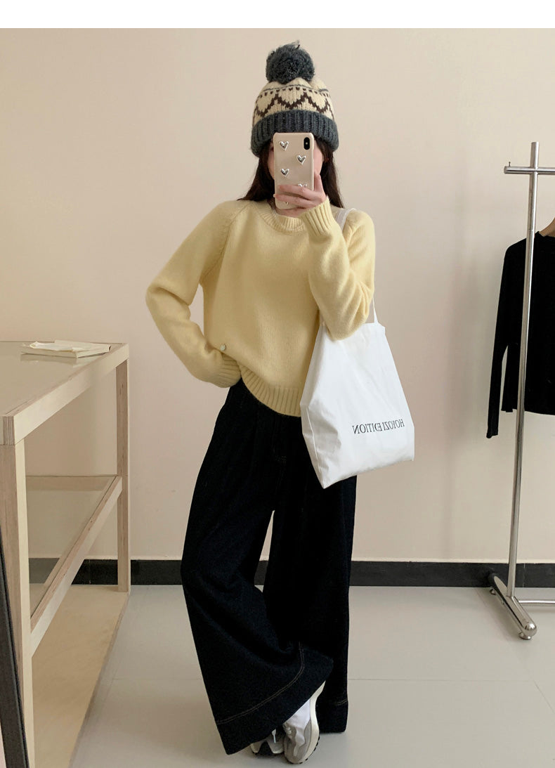 Korean style gentle solid color round neck long sleeve sweater ED0311