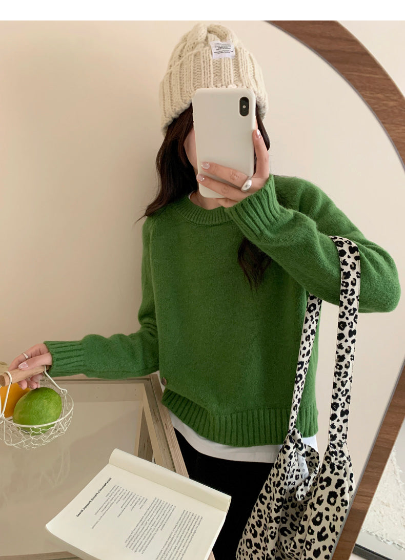 Korean style gentle solid color round neck long sleeve sweater ED0311